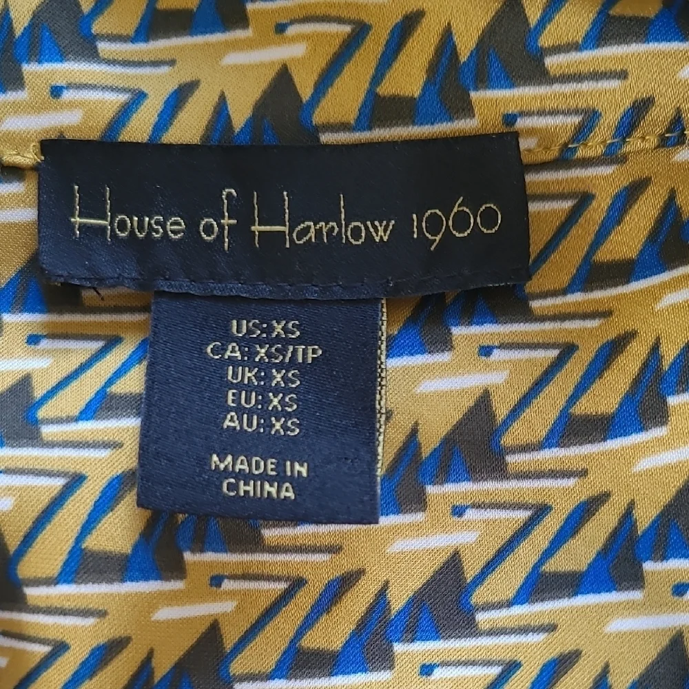 House of Harlow 1960 Gold & Blue Geometric Print Satin Blouse - Size XS
